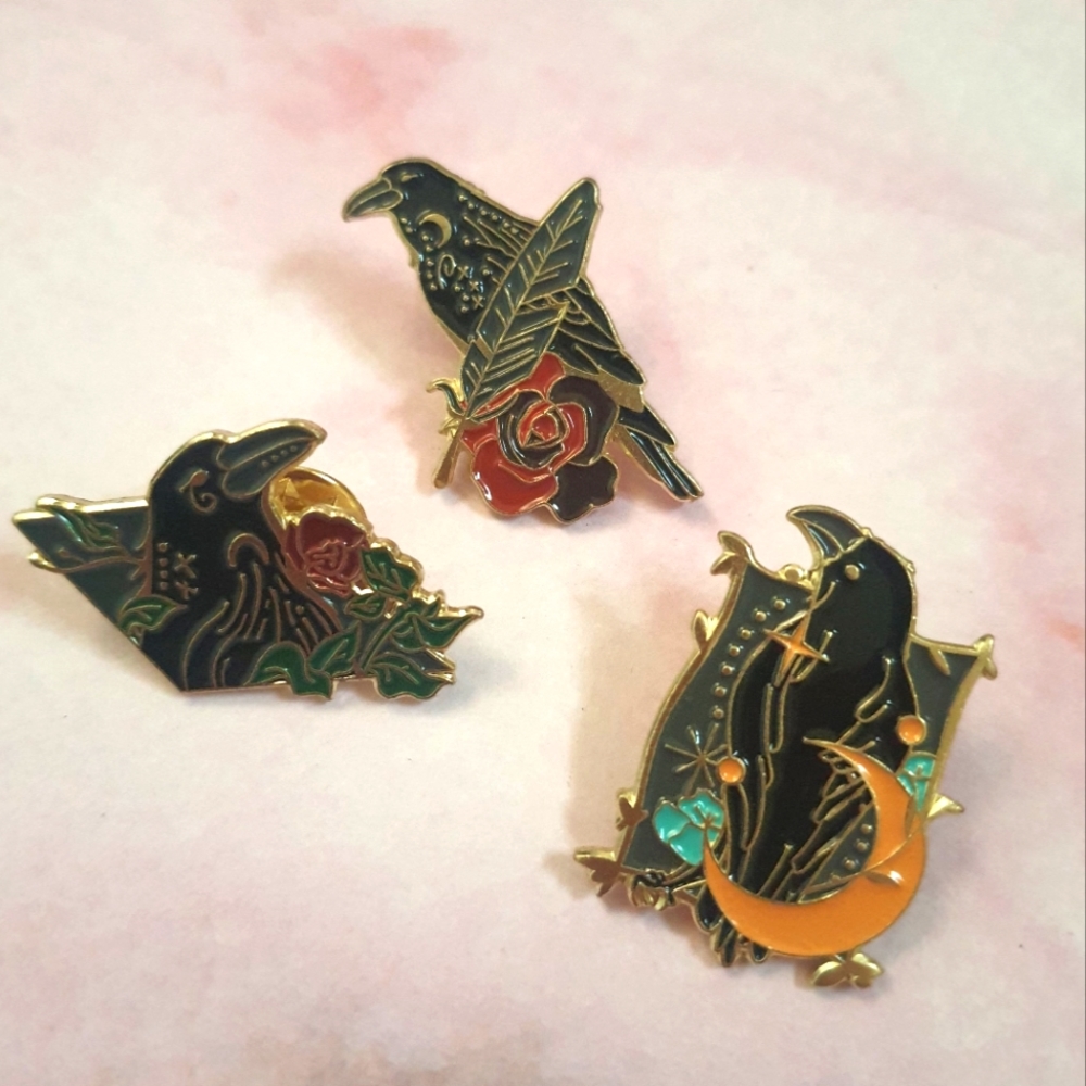 Raven Rose and Moon Enamel Pins